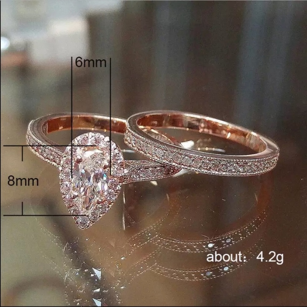 New 2 pc set Rose Gold Plated Diamond Ring - Picture 6 of 6